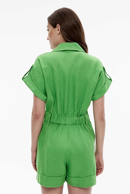 Rich Green French Linen Utility Playsuit Women's Jumpsuits Witchery