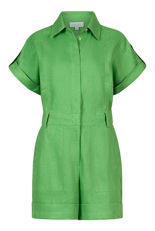 Rich Green French Linen Utility Playsuit Women's Jumpsuits Witchery