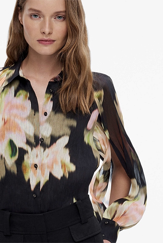 Soft Khaki Floral Haze Print Silk Linen Blouse - Women's Evening Shirts ...