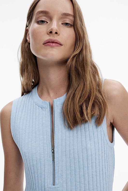 Blue Melange Cotton Rib Zip Tank - Women's Sleeveless Tops | Witchery