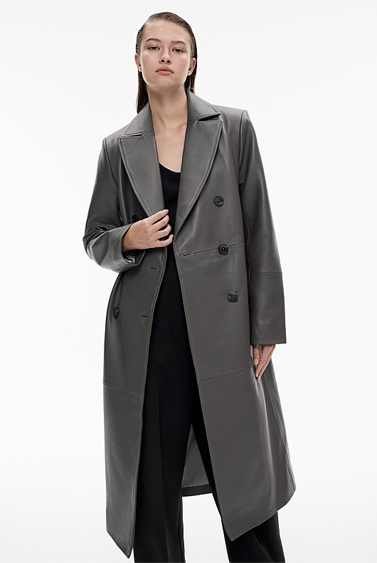 Mid Grey Leather Double-Breasted Coat - Women's Coats | Witchery