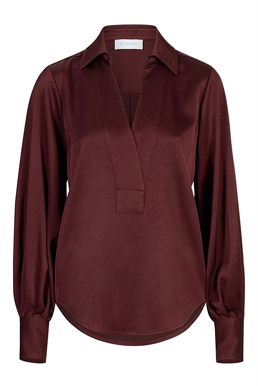 Rich Mulberry Acetate Gathered Popover - Women's Evening Shirts | Witchery