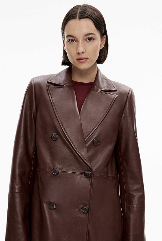 Dark Burgundy Leather Double-Breasted Coat - Women's Coats | Witchery