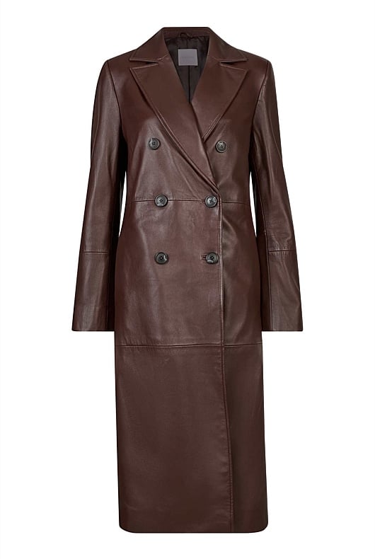 Dark Burgundy Leather Double-Breasted Coat - Women's Coats | Witchery