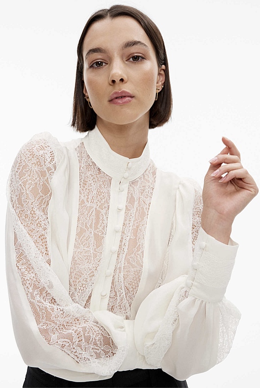 Chalk Spliced Lace Detail Blouse - Women's Evening Shirts | Witchery