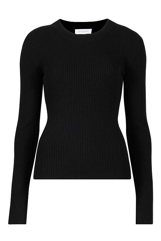 Black Wool Blend Crew Rib Knit - Women's Workwear Tops | Witchery