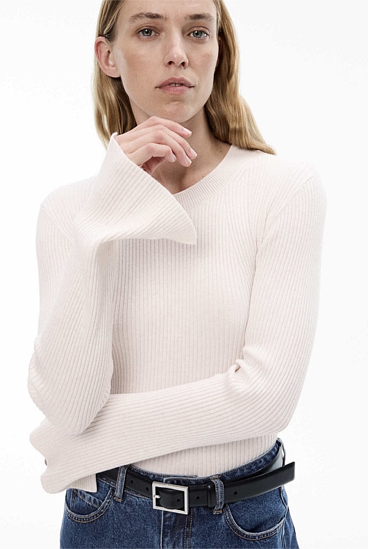 Milk White Wool Blend Crew Rib Knit - Women's Long Sleeve Tops | Witchery