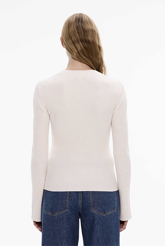 Milk White Wool Blend Crew Rib Knit - Women's Long Sleeve Tops | Witchery