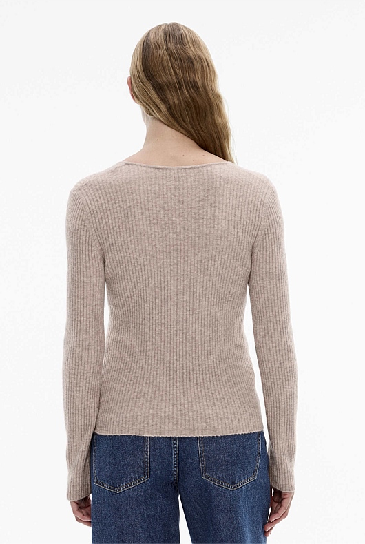 Taupe Marle Alpaca Blend Rib Long Sleeve Knit Womens Long Sleeve