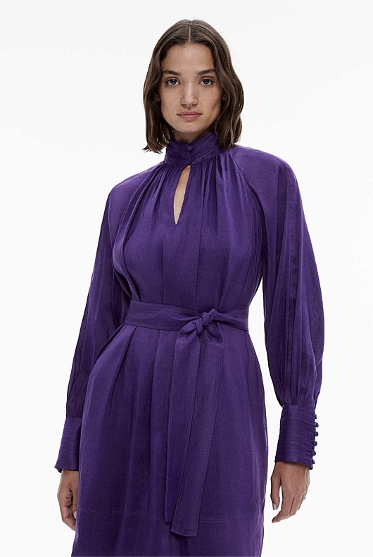 Royal Purple Silk Linen High-Neck Mini - Women's Cut Out Dresses | Witchery