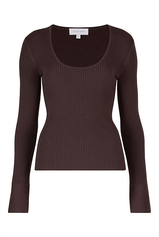 Raisin Wool Blend Flare Sleeve Knit - Women's Long Sleeve Tops | Witchery