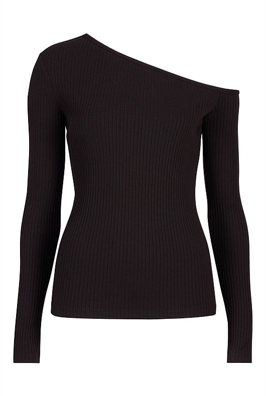 Black Cotton Blend Rib Asymmetric Top - Women's Workwear Tops | Witchery