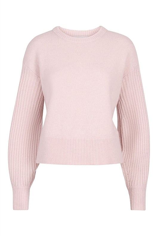 Soft Pink Marle Wool Blend Stitch Sleeve Knit - Women's Crew Neck ...