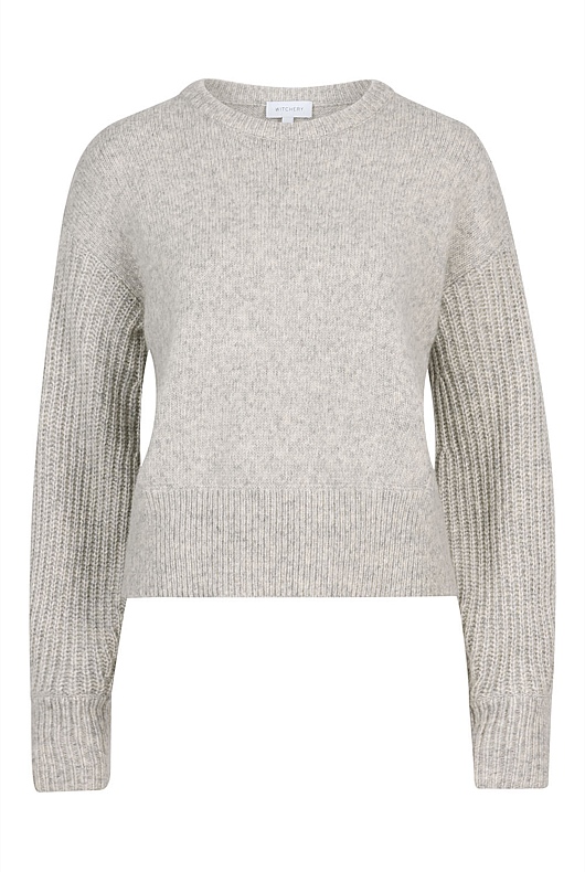 Light Grey Marle Wool Blend Stitch Sleeve Knit - Women's Crew Neck ...