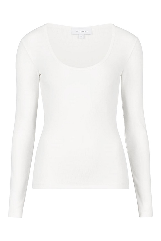 Fresh White Scoop Rib Long Sleeve Top Womens Workwear Tops Witchery