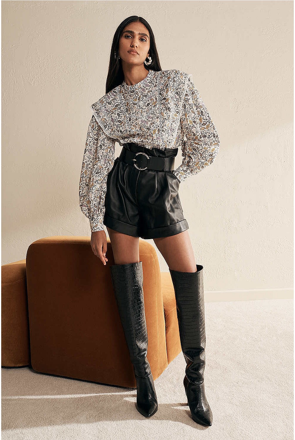 Print Lace Trim Blouse