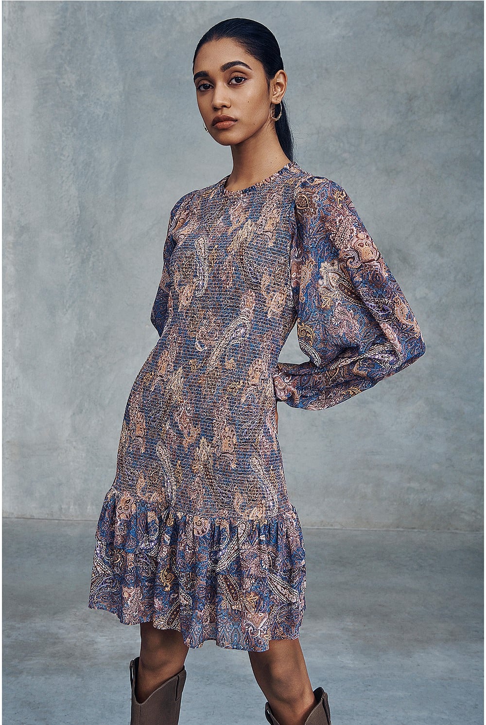 Print Shirred Mini Dress