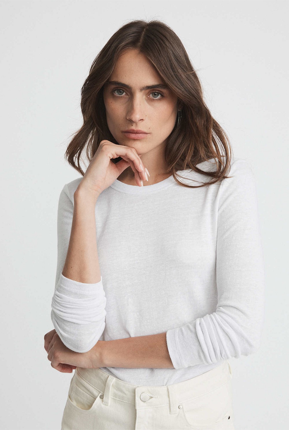 Linen Crew Neck Long Sleeve Top