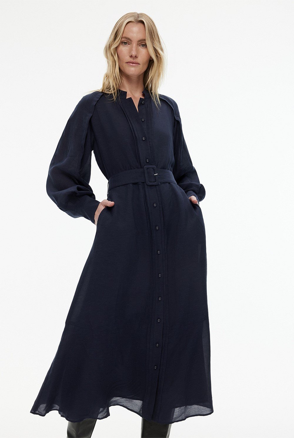 High Neck Pintuck Midi Dress