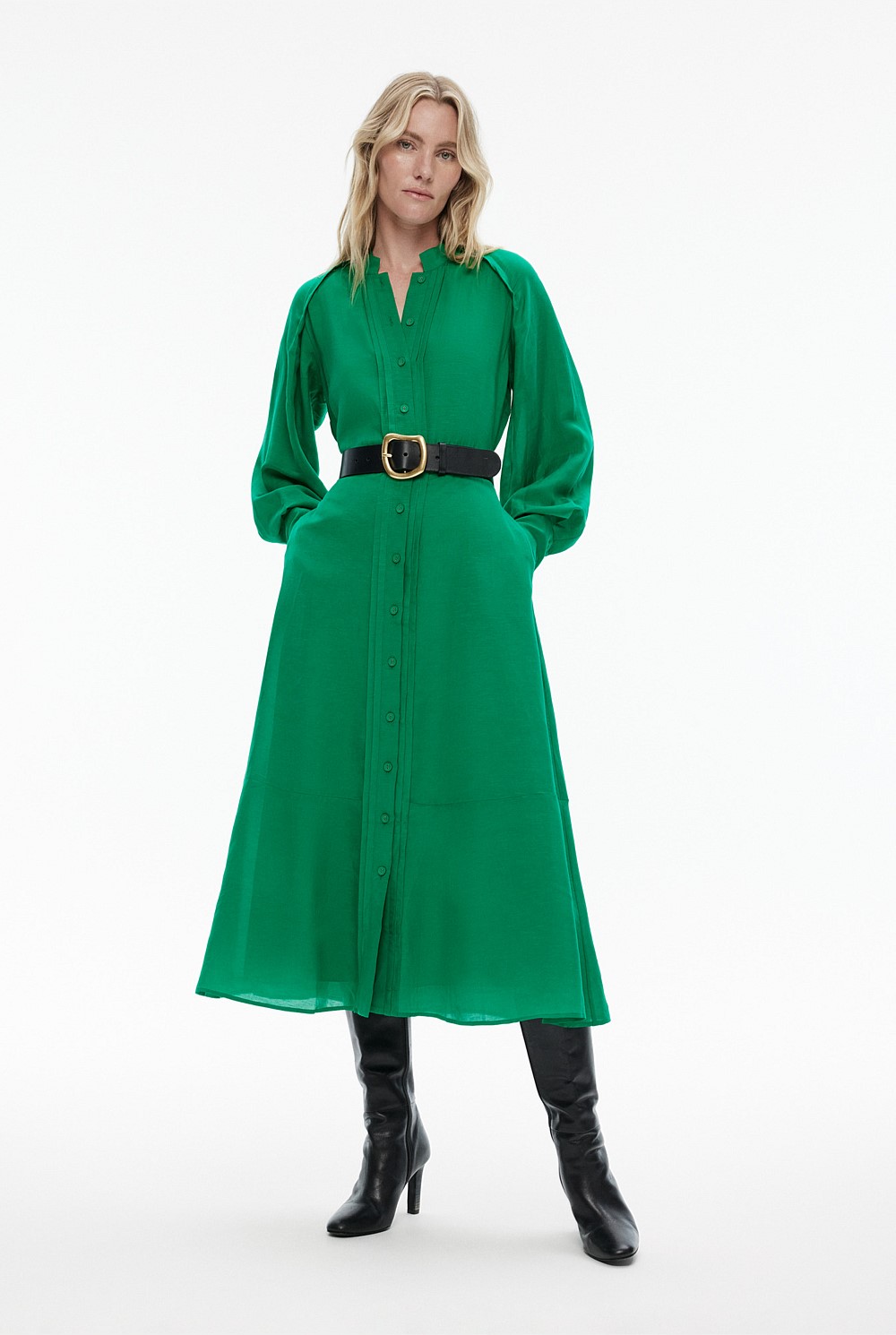 High Neck Pintuck Midi Dress