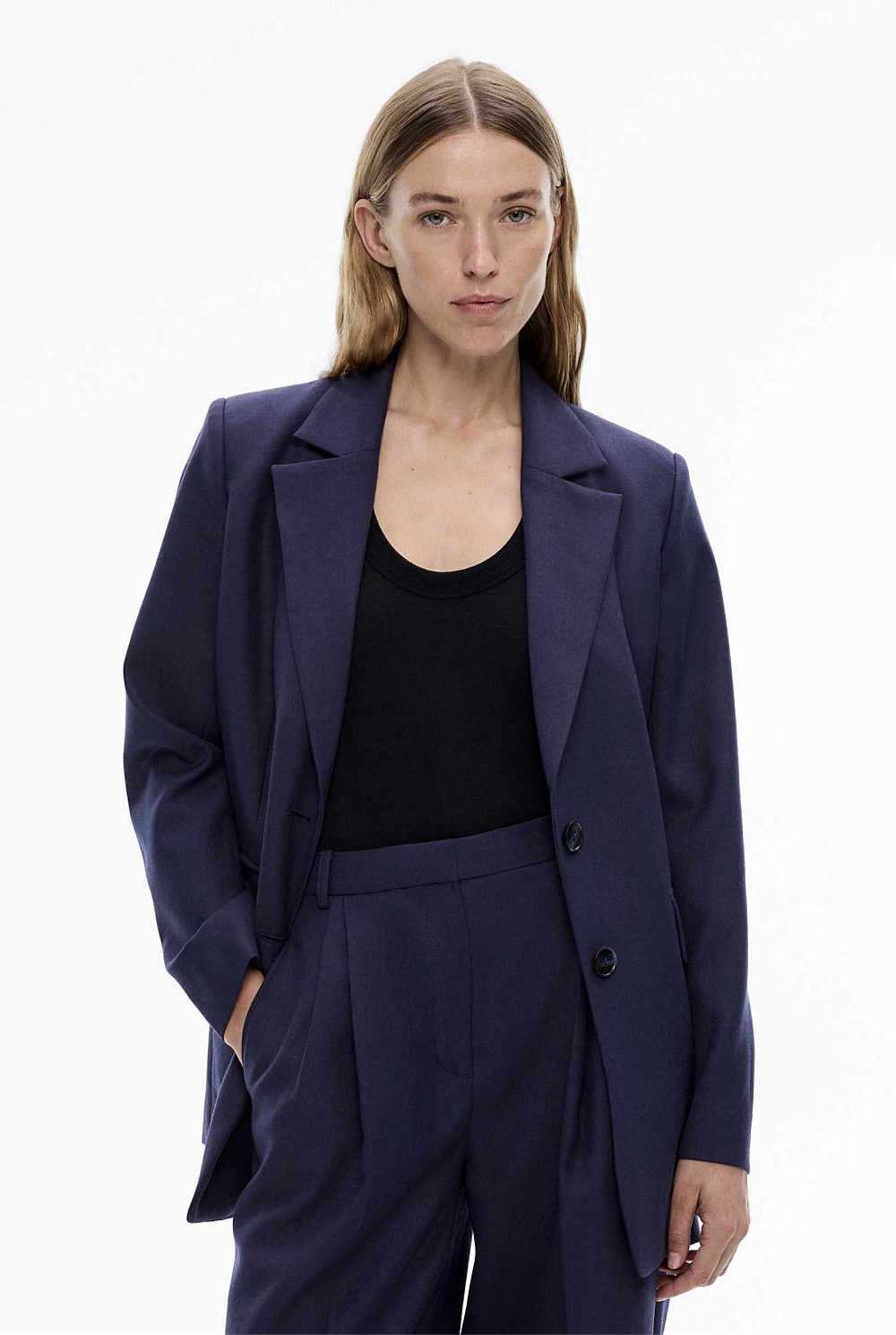 Midnight Wool Blend Single Breasted Boxy Blazer Women s Blazers Midnight Wool Blend Single Breasted Boxy Blazer Women s Blazers