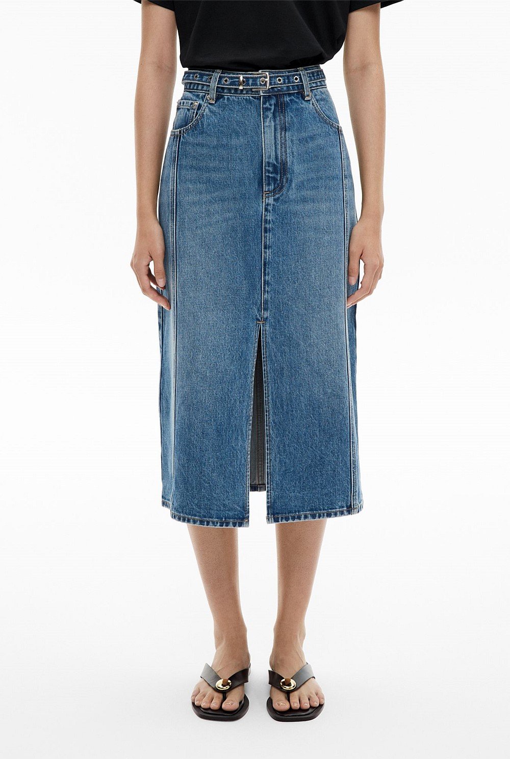 Denim Belt Midi Skirt