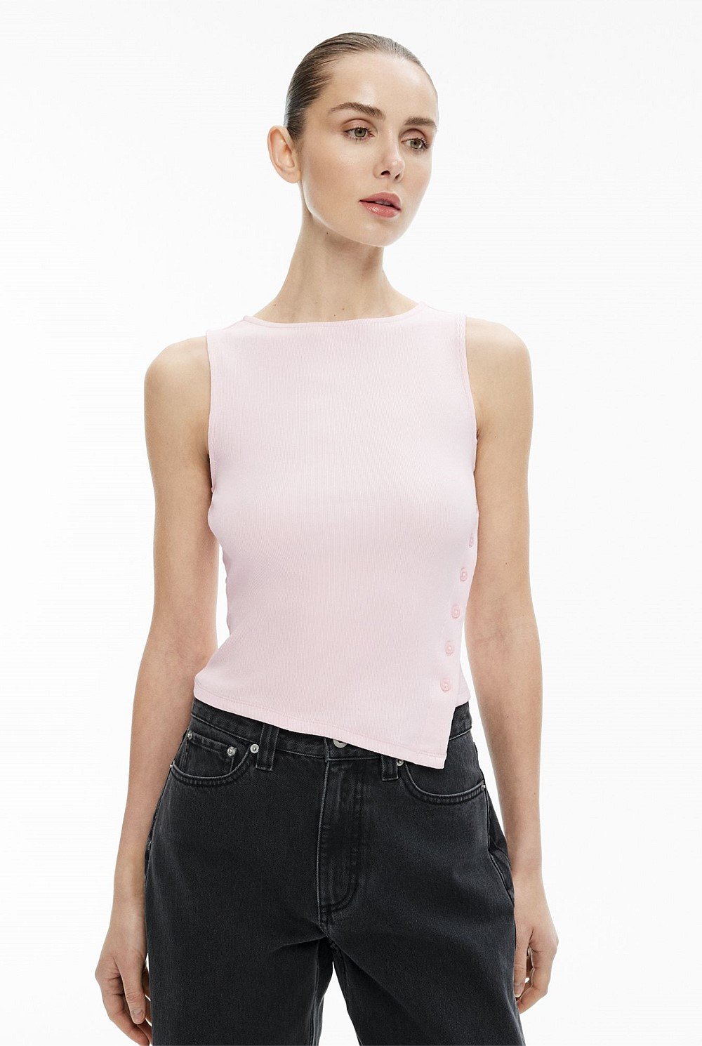 Asymmetrical Button Rib Tank Top