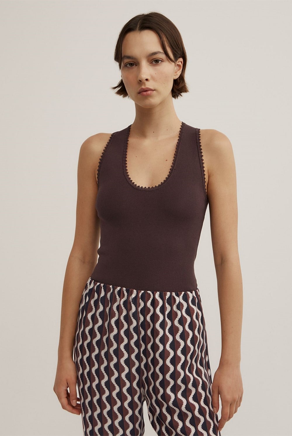 Espresso Crochet Detail Knit Tank Top Women s Sleeveless Tops Witchery