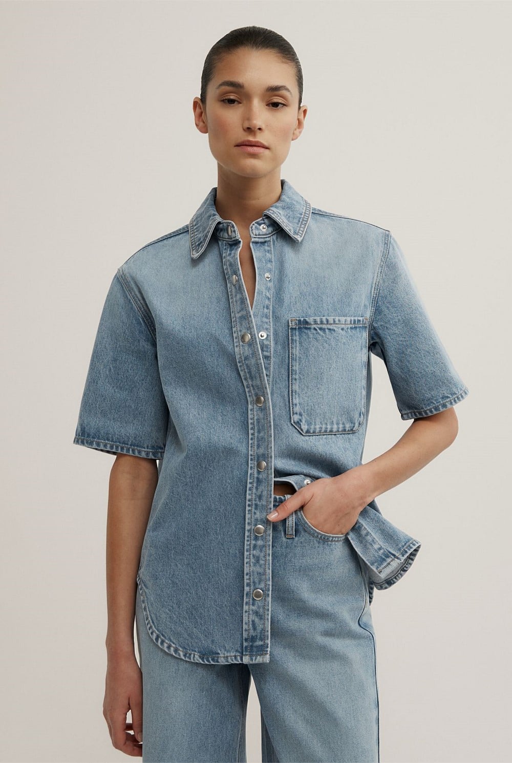 Short Sleeve Denim Snap Shirt