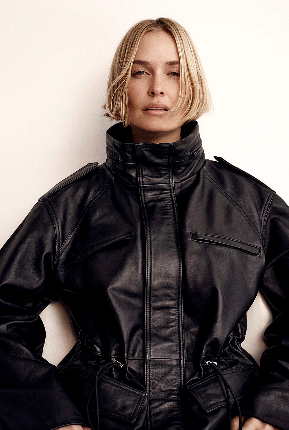 Leather Drawcord Funnel Neck Jacket