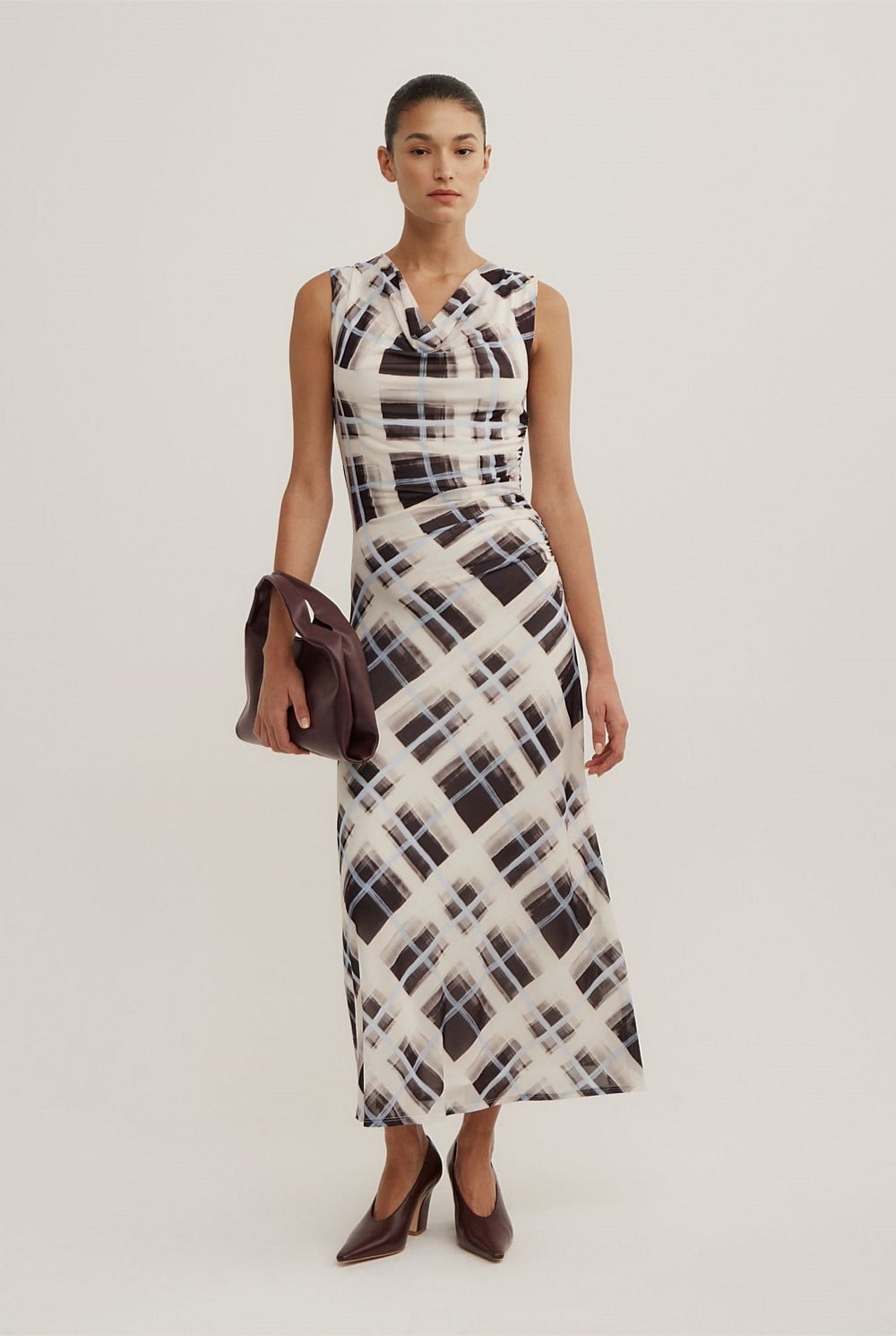 Ruched Cowl Mesh Dress