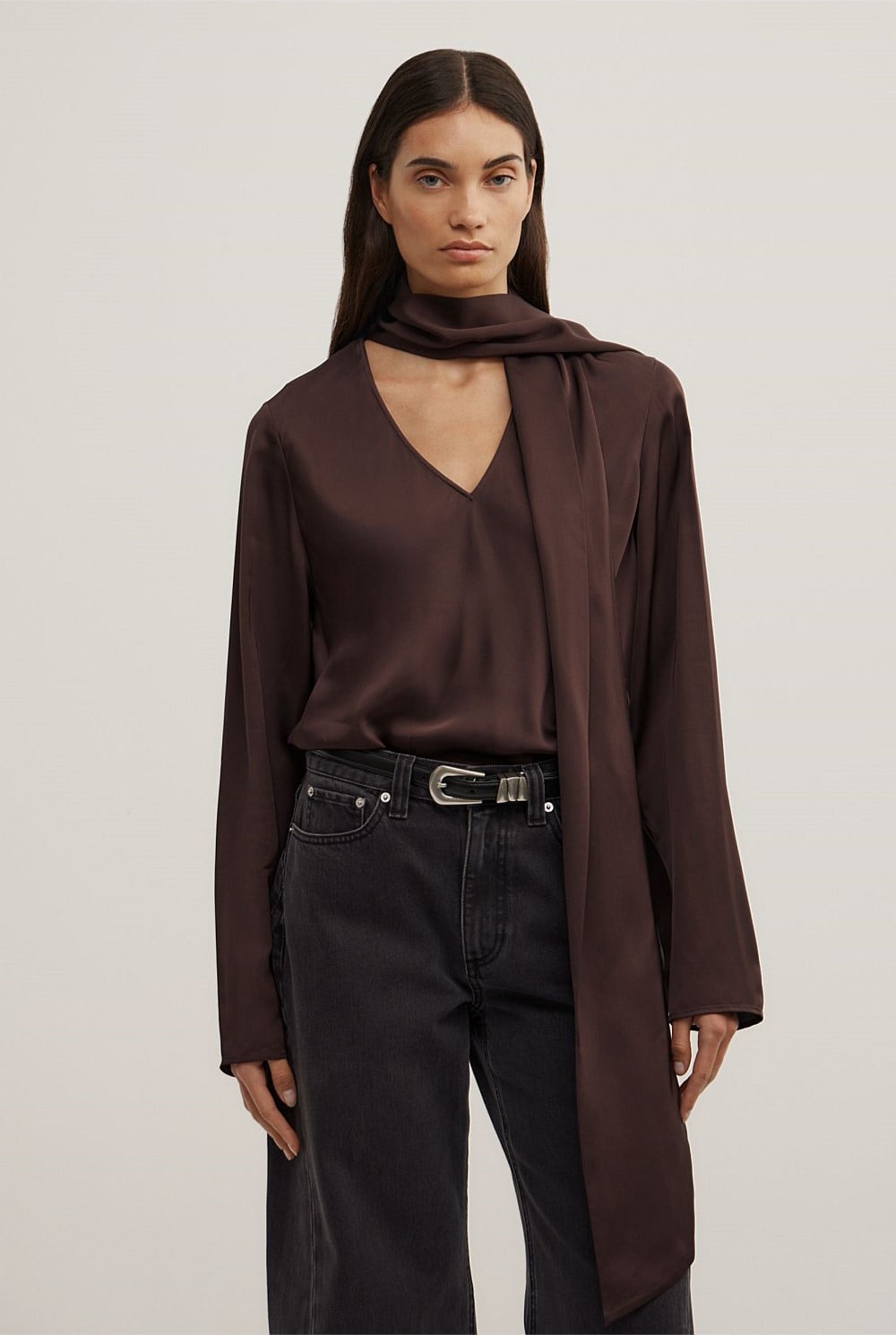 Long Sleeve V-Neck Scarf Top