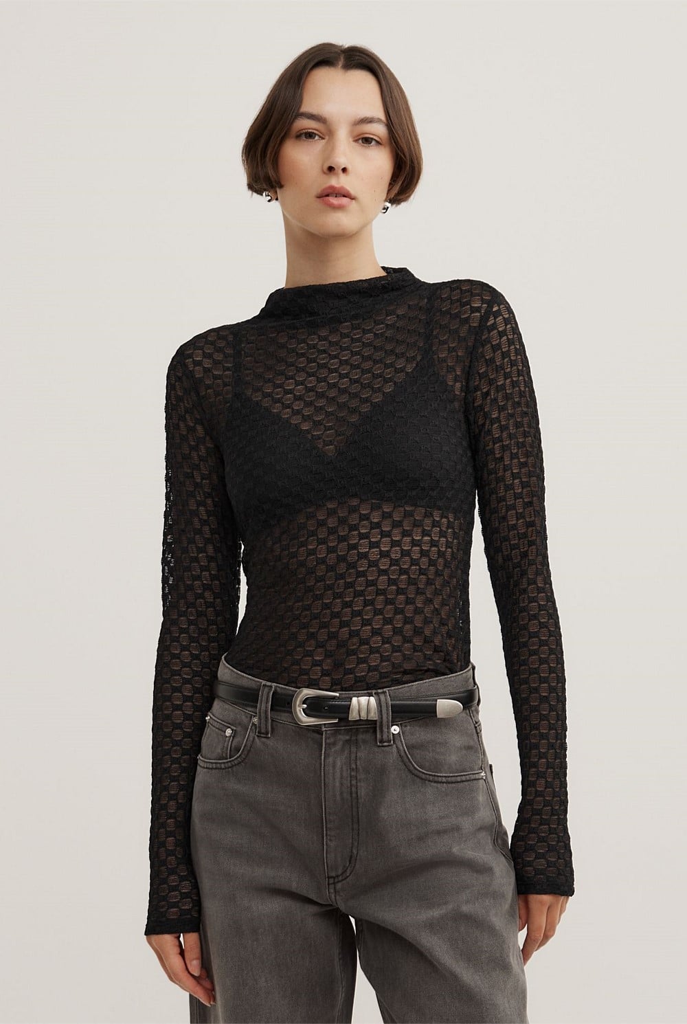 Textured Mesh Long Sleeve Top