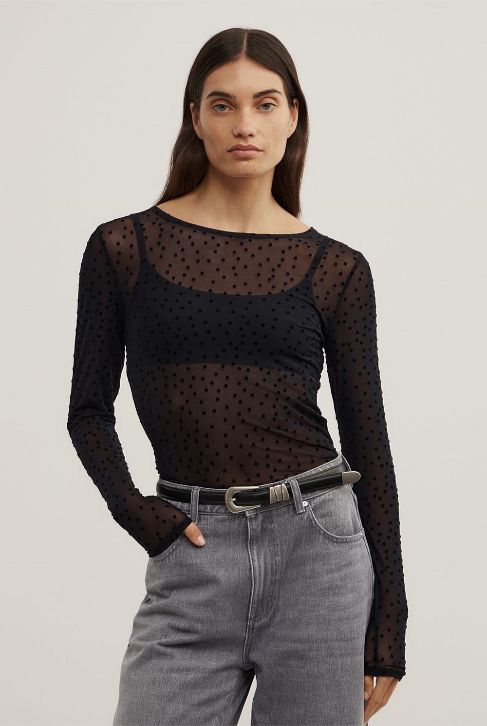 Flocked Spot Long Sleeve Top