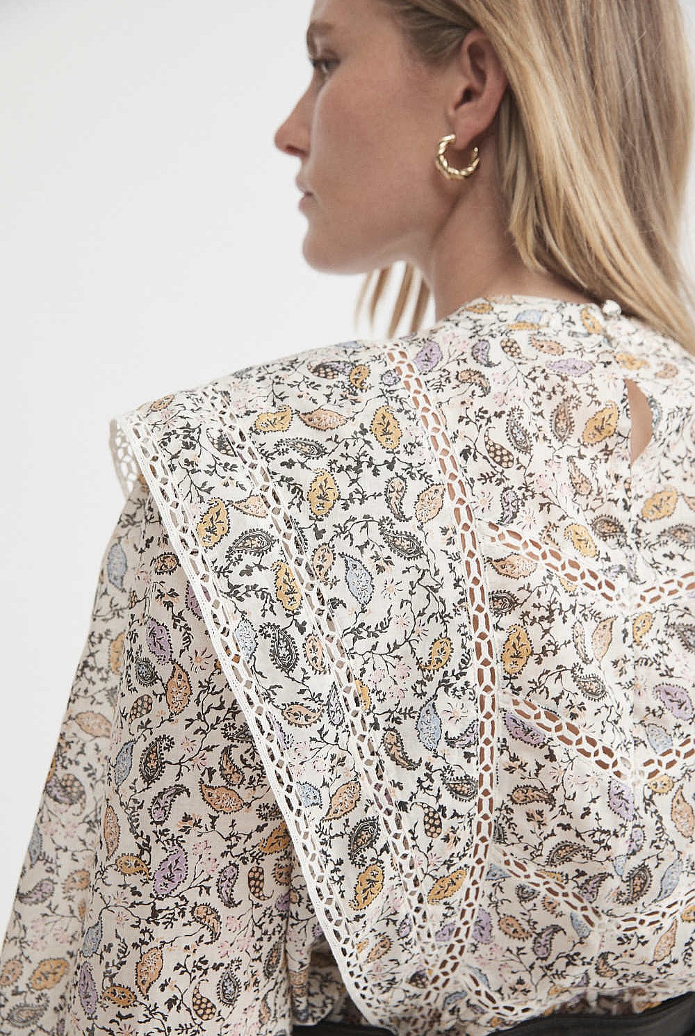 Print Lace Trim Blouse
