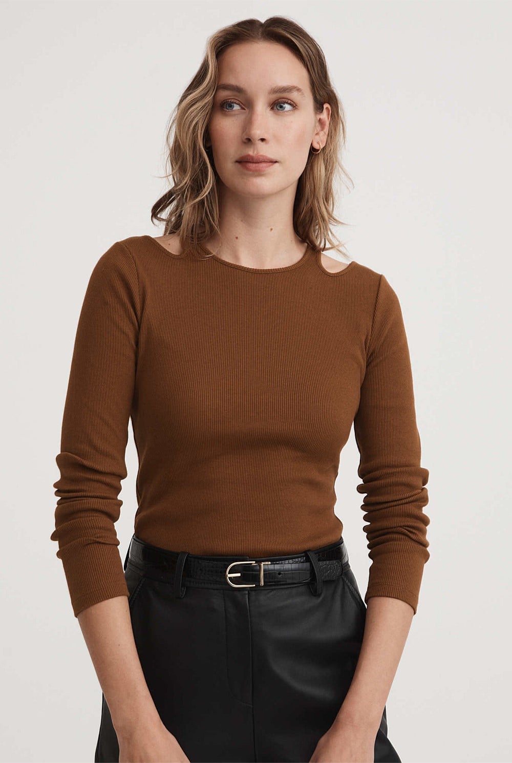 Cotton Rib Cut Out Long Sleeve Top
