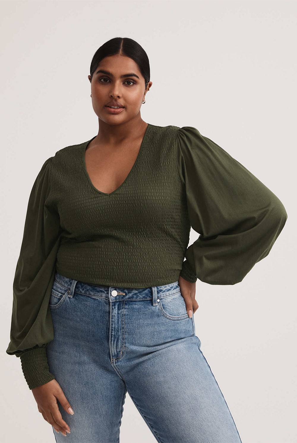 Cotton Blend Shirred V Neck Top
