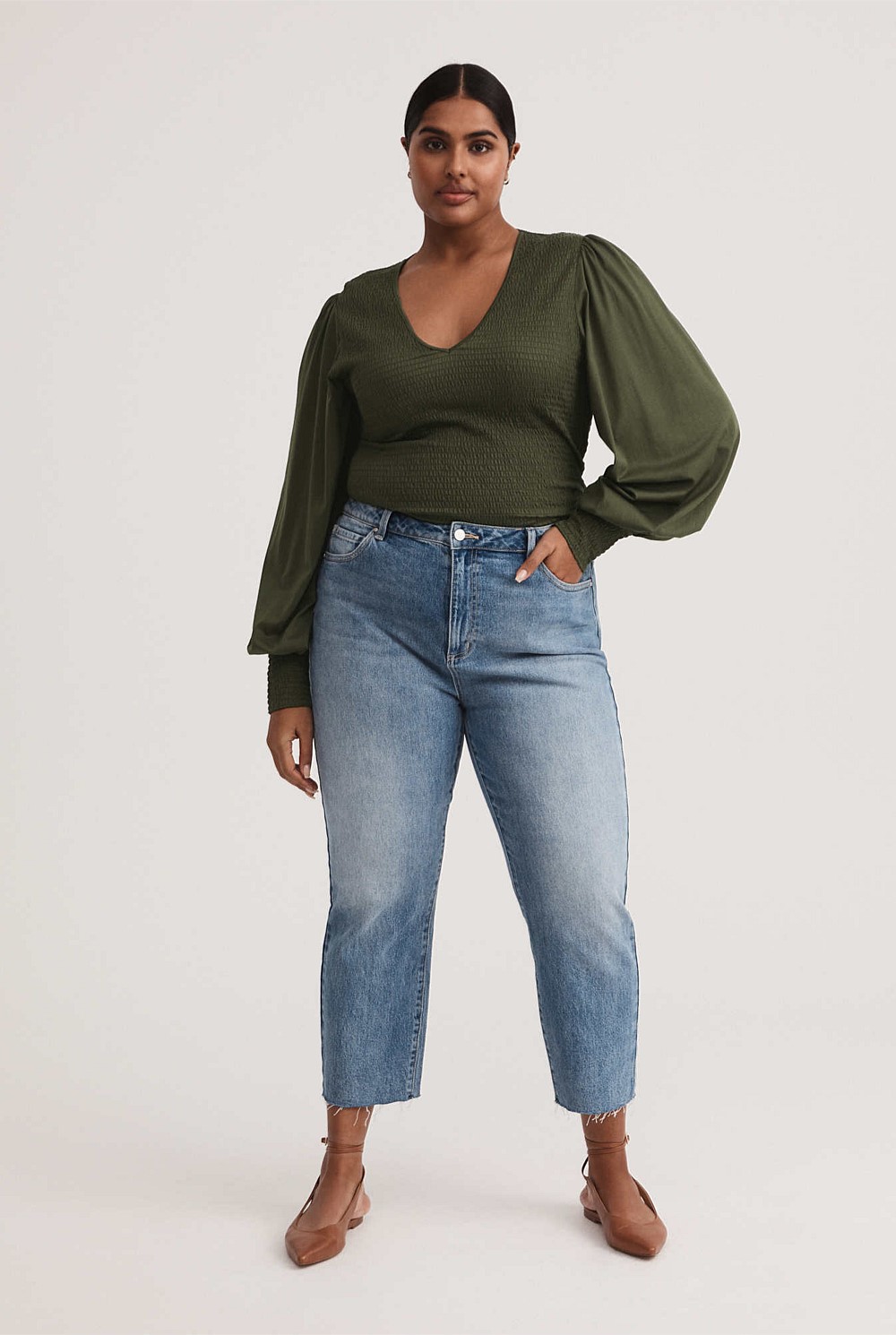 Cotton Blend Shirred V Neck Top