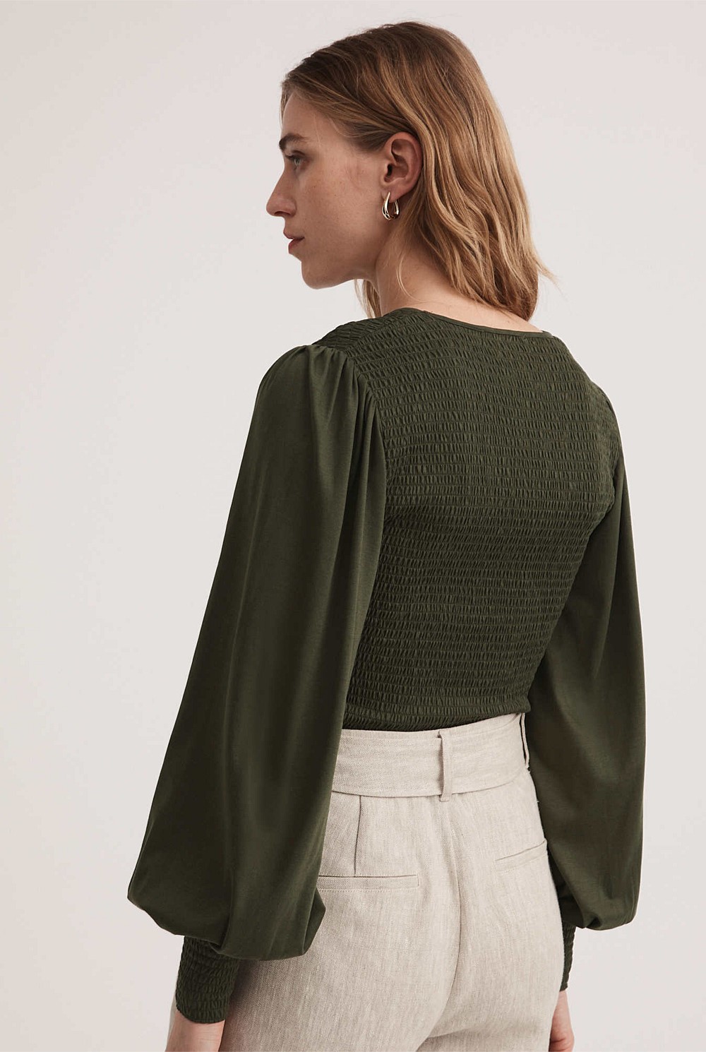 Cotton Blend Shirred V Neck Top