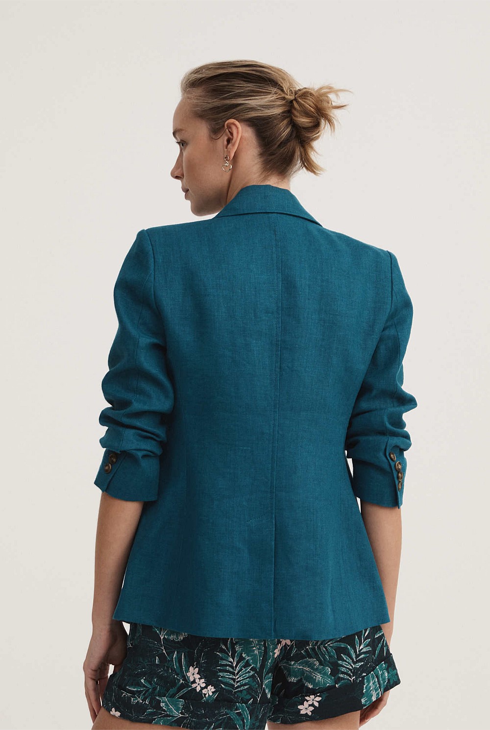 Linen Double-Breasted Crop Sleeve Blazer
