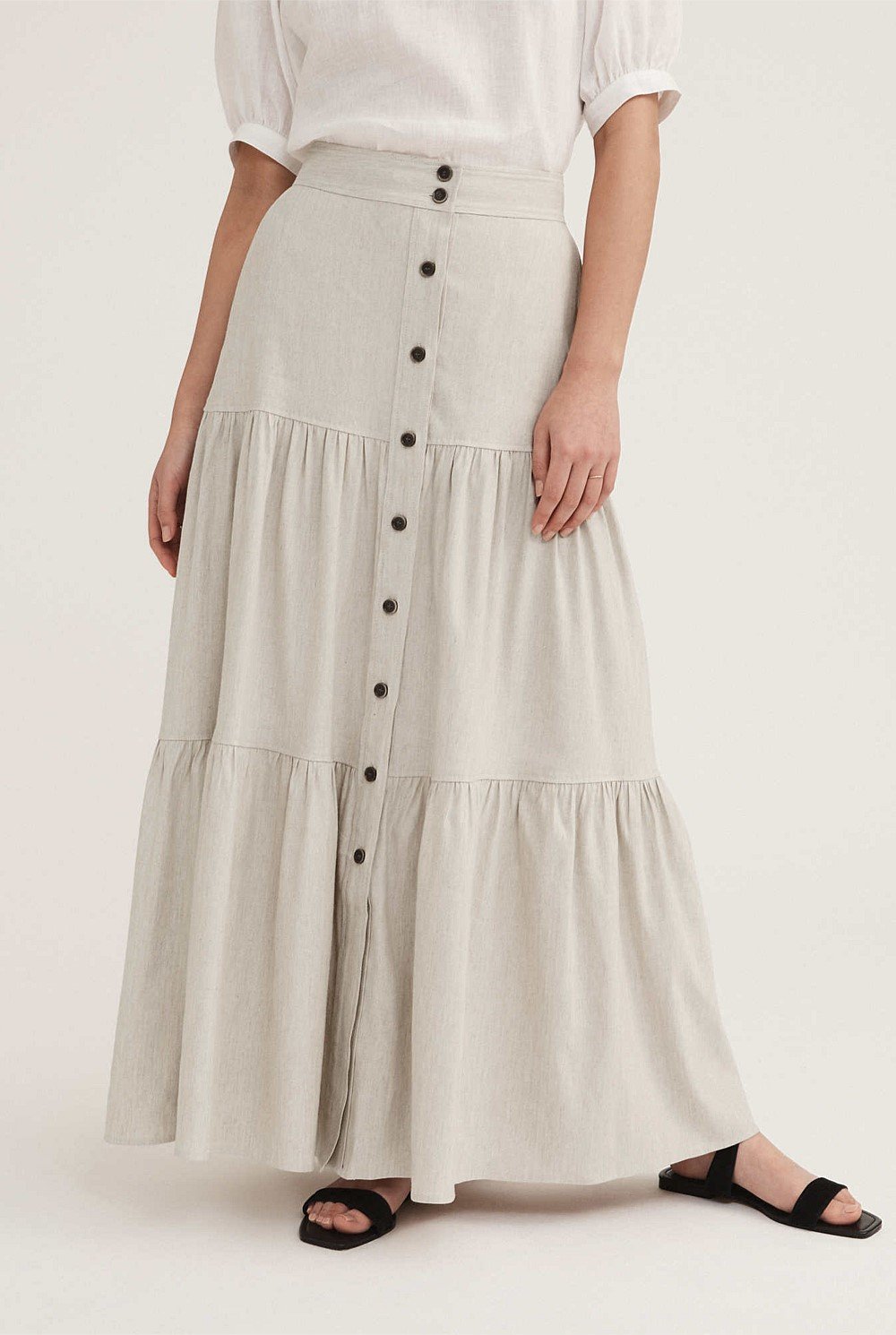 Stretch Linen Viscose Tiered Maxi Skirt