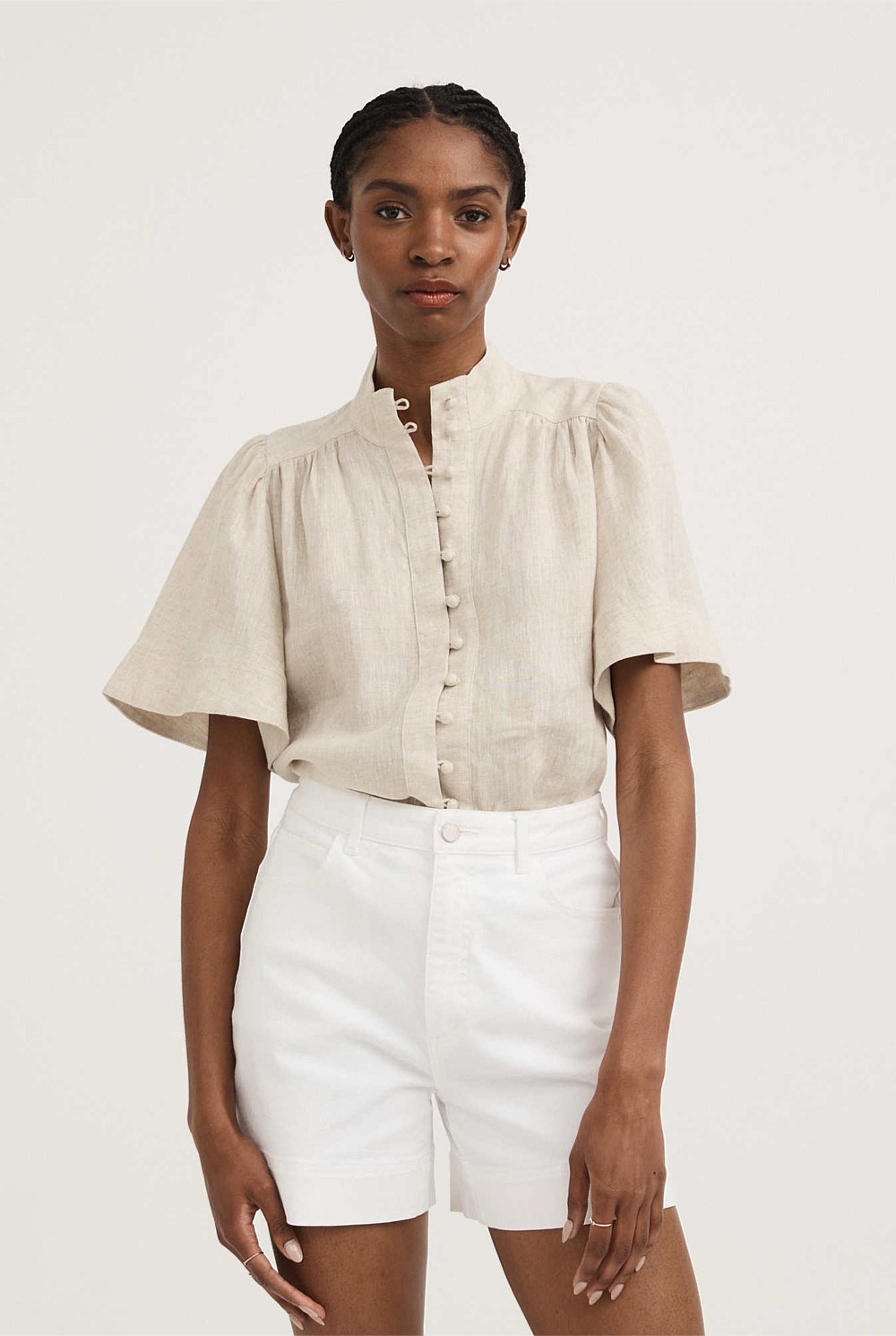 French Linen Flutter Sleeve Blouse
