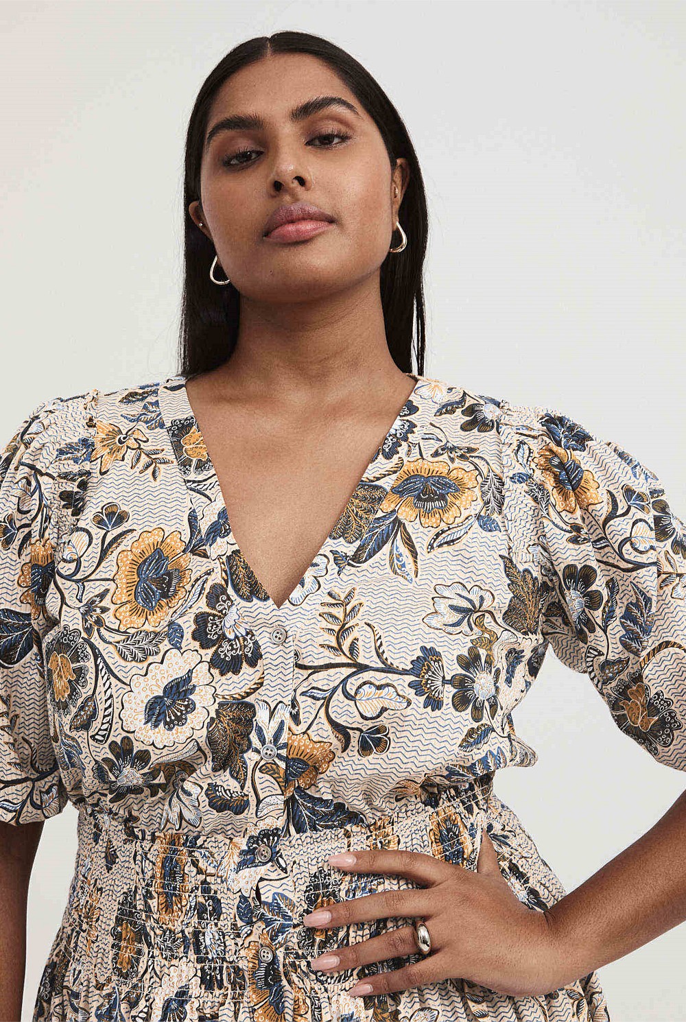 Vine Floral Print Shirred Dress