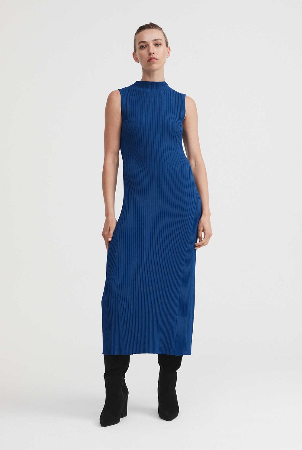 Eclipse Blue Knit Rib Mock Neck Dress - Women's Knit Dresses | Witchery
