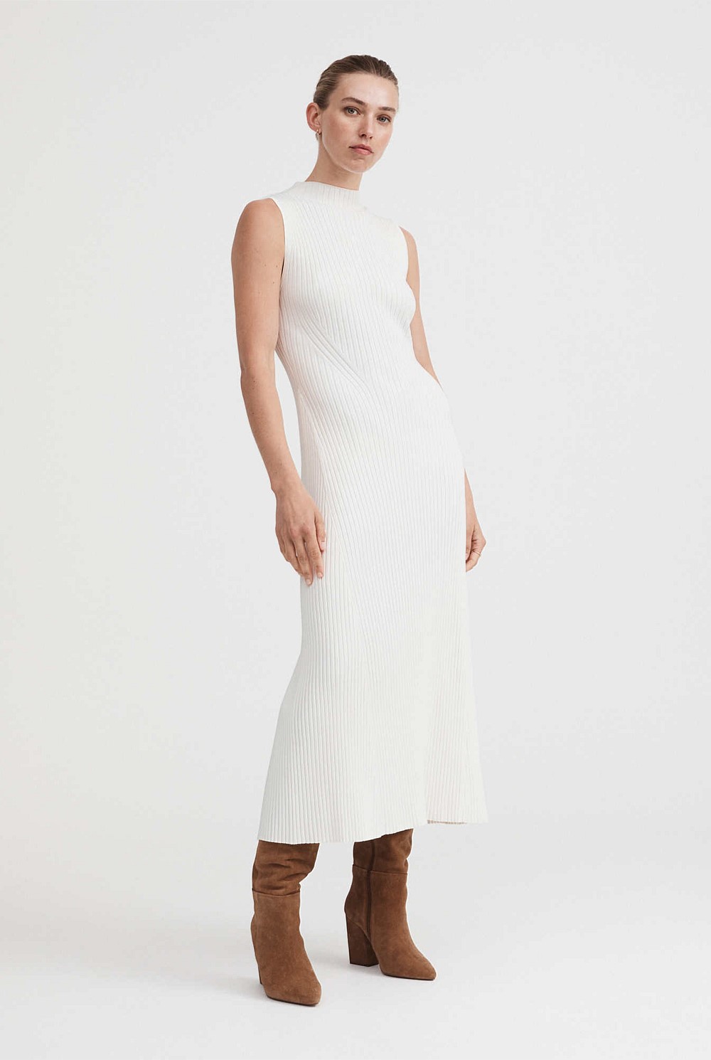 Chalk Knit Rib Mock Neck Dress - Women's A Line Dresses | Witchery
