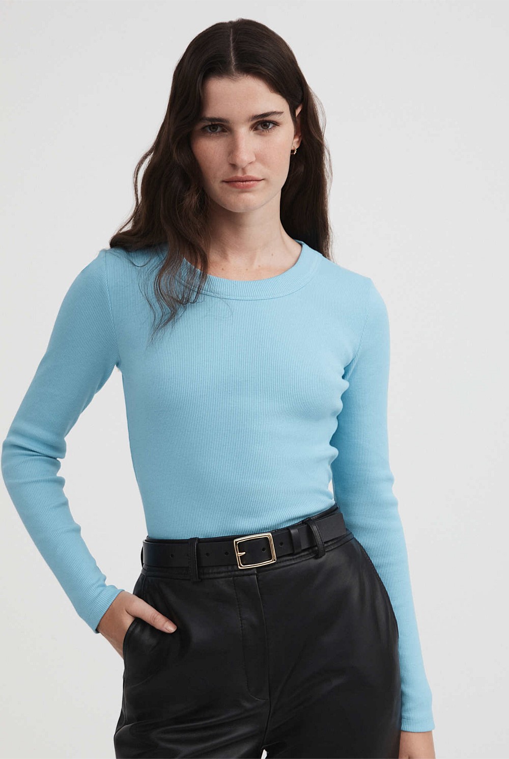 Fresh Blue Long Sleeve Rib Top - Women's Tops & T Shirts | Witchery