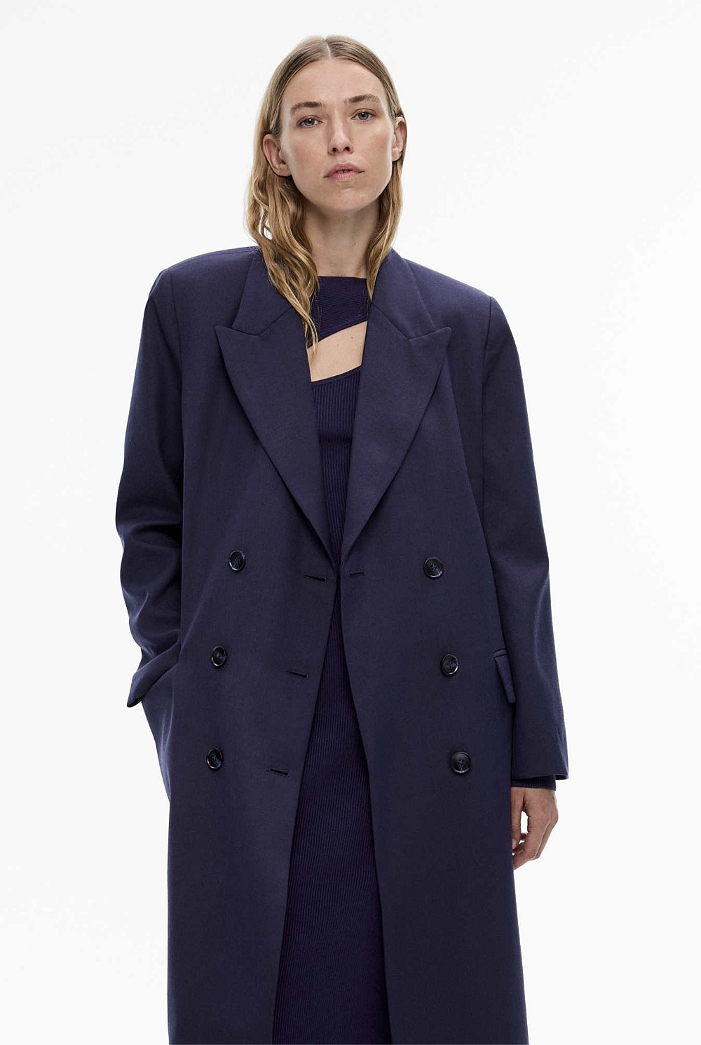 Wool Blend Double-Breasted Blazer Coat