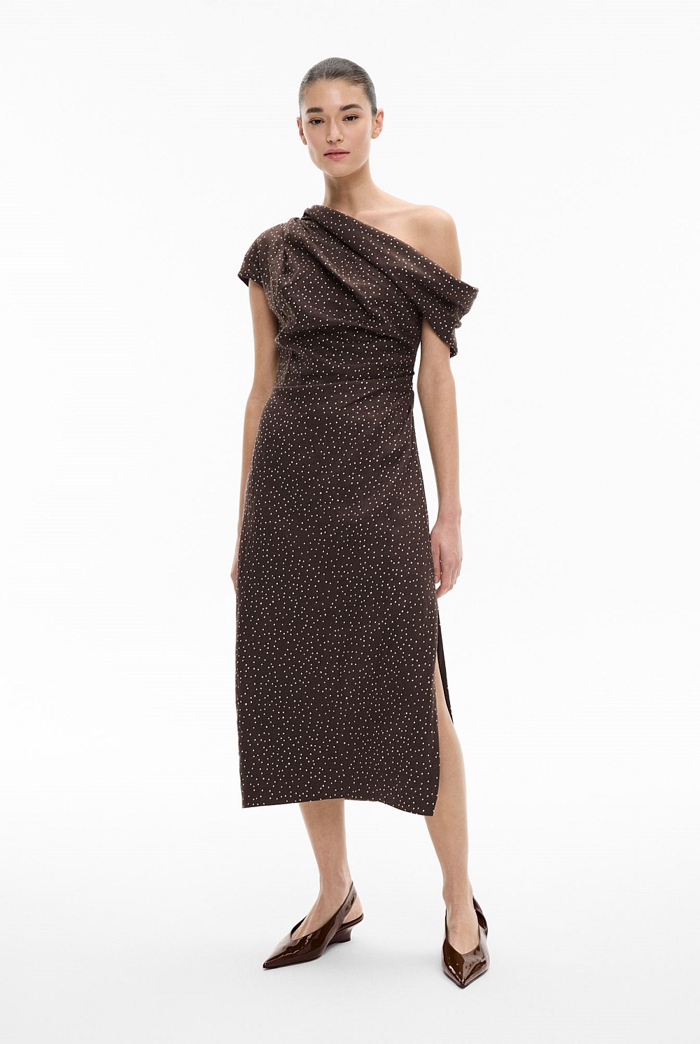 Draped Shoulder Midi Dress