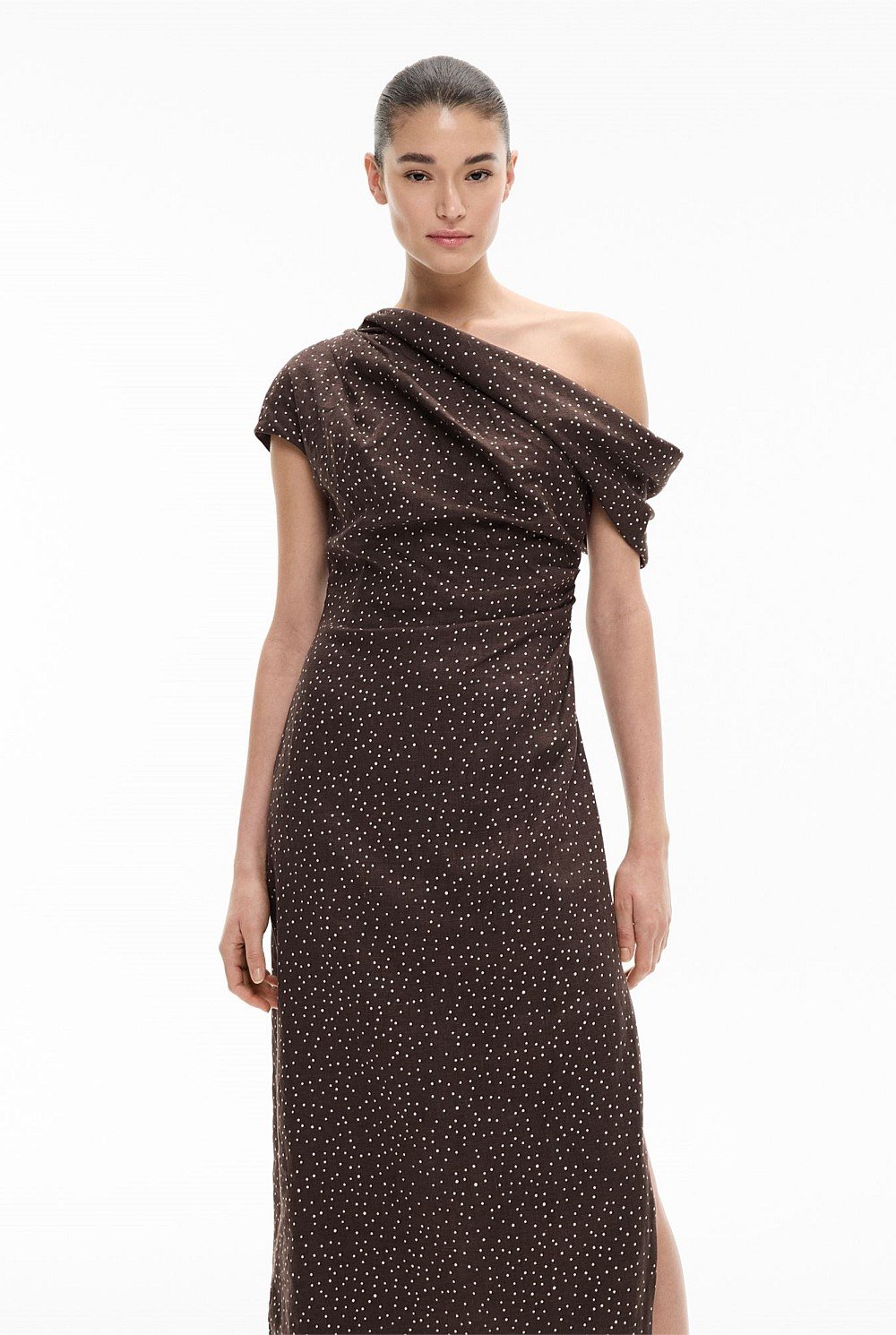 Draped Shoulder Midi Dress