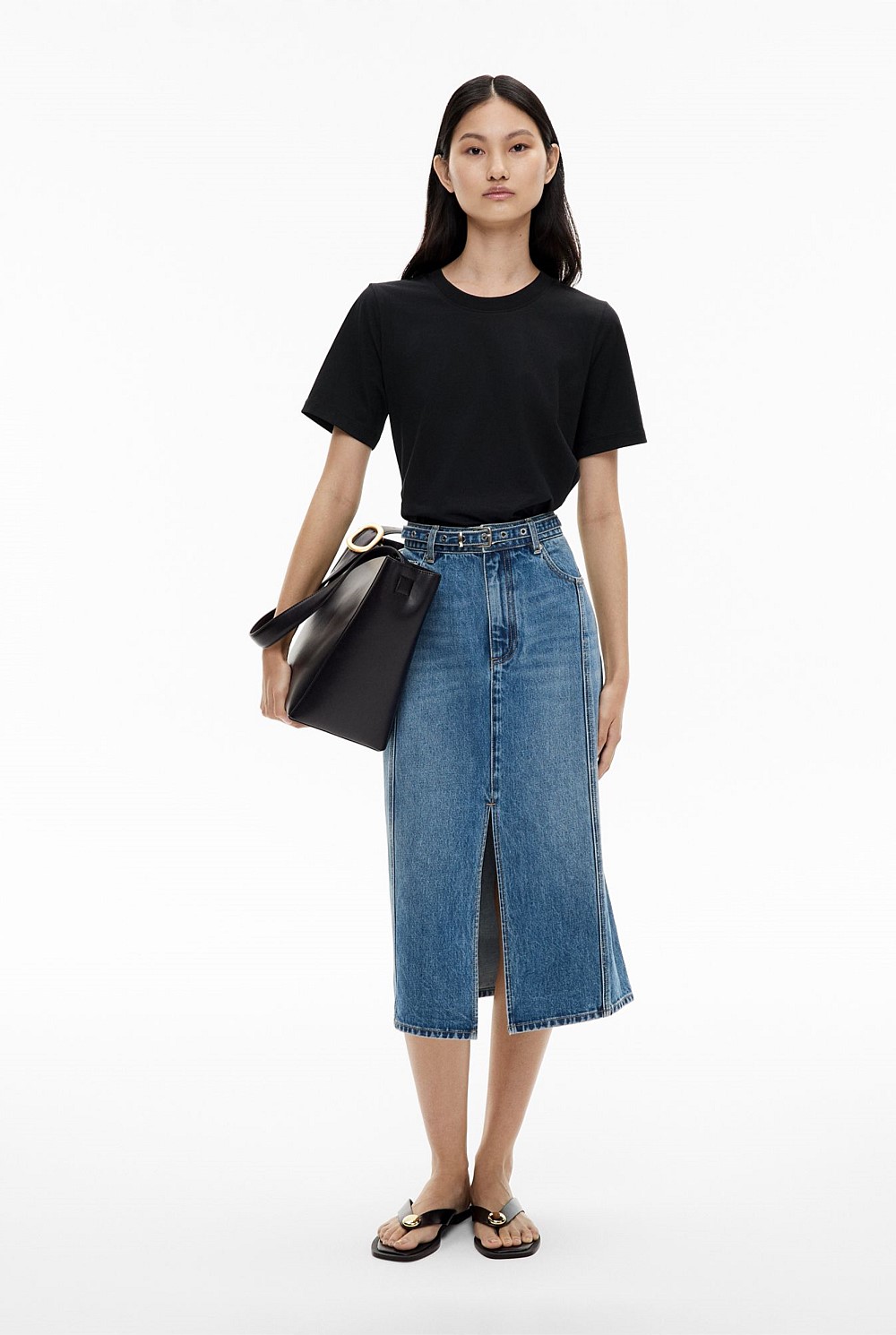 Denim Belt Midi Skirt